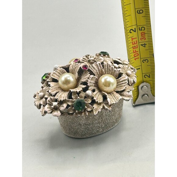 Vintage Florenza Small Enameled Trinket Box Basket of Flowers Rhinestones Pearls - Picture 14 of 14